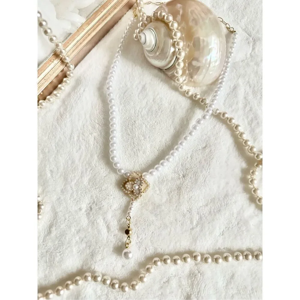 Faux pearl and cream rose statement necklace